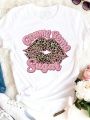 Plus Size Women'S Sexy Lips Print Round Neck Short Sleeve T-Shirt