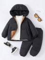 SHEIN Unisex Baby Winter Thick Hooded Coat And Pants Set, Black