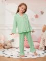 Girls' Sweet Ruffle Trimmed Two-Piece Open Front Pajama Set With Contrasting Stripe & Peter Pan Collar
