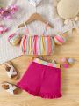 SHEIN Kids SUNSHNE 2pcs/Set Toddler Girls' Vacation Cute Rainbow Striped Top With Spaghetti Straps And Ruffled Pants Set For Summer