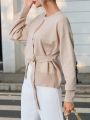 SHEIN Privé Round Neck Solid Color Drop Shoulder Hollow Out Split Sweater