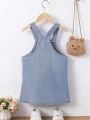 Toddler Girls' Vacation & Leisure Blue Denim Overall Dress With Floral Embroidery