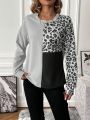 SHEIN LUNE Leopard Print Colorblock Drop Shoulder Tee