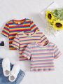 SHEIN Kids Cooltwn 3pcs/set Toddler Girls' Fashionable Knitted Striped Short Sleeve Top For Sports