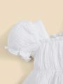 SHEIN Newborn Baby Girls' Elegant, Vacation Style, Leisure, Comfortable, Fashionable, Simple, Practical, All-matching, Cute, White, Layered Ruffled Hem Bubble Sleeved Top And White Loose Crotch And Elastic Cuff Pants, Baby 2-piece Set