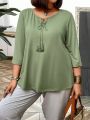 Plus Size Solid Color T-Shirt With Tassel & Knot Detailing On Collar