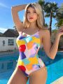 SHEIN Swim Y2GLAM One-piece Swimsuit With Contrast Color Side Detail & Drawstring Straps