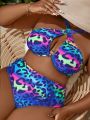 SHEIN Swim BAE Plus Size Leopard Print Cutout Halter Top And Briefs Bikini Set
