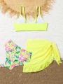 Girls' 3pcs Bikini Set With Tropical Print And Beach Skirt