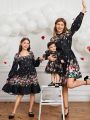 SHEIN Kids CHARMNG Girls' Floral Print Square Neck Long Sleeve Fashionable Casual Dress, Mommy And Me Matching Outfits (3 Pieces Sold Separately)