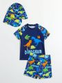 Little Boys' Dinosaur Printed Swimsuit Set With Hat