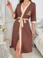 Bear Printed Color Block Patchwork Ladies' Robe