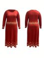 Plus Size 1pc Round Neck Long Sleeve Dress With Hidden Pocket