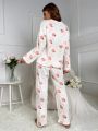 Letter & Peach Pattern Drop Shoulder Flannelette PJ Set