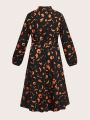 Plus Halloween Print Lantern Sleeve Belted Dress