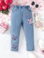 Girls' Casual Rabbit Pattern Washed Denim Jeans