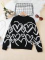 Tween Girl Heart Pattern Drop Shoulder Sweater