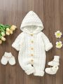 Baby Girl Button Front Hooded Cable Knit Jumpsuit