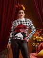Frida Kahlo X SHEIN Plus Houndstooth & Figure Pattern Sweater