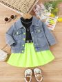 Baby Girls' Button Up Denim Jacket, Vest Top And Pleated Skirt Set