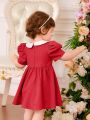 SHEIN Infant Girls' Contrast Color Floral Embroidery Peter Pan Collar Bubble Short Sleeve Dress