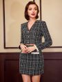 SHEIN DECDS Vintage Elegant 2pcs Plaid Tweed Jacket With Pearl Decorated Button & V-Neck Vest And High Waist Mini Skirt With Lace Hem Decoration For New Year Christmas Party