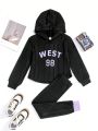 Tween Girls' Letter Print Hoodie And Knitted Skinny Leggings Two Piece Set