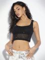 SHEIN BAE Black Sheer Mesh Butterfly Bowknot Backless Tank Top With Shiny Woven Pattern For Nightclub And Streets Outfits