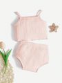 SHEIN Newborn Baby Girl Solid Color Ribbed Knit Set