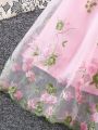 SHEIN Kids Nujoom Young Girl'S Fairy Style Summer Floral Embroidery Mesh Princess Dress