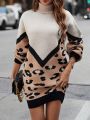 SHEIN LUNE Leopard Pattern Turtleneck Drop Shoulder Sweater Dress