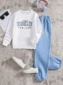 Girls' Word Printed Round Neck Fleece Lined Sweatshirt Set With Long Sleeve, Winter