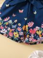 SHEIN Kids SUNSHNE Young Girl Butterfly And Flower Printed Blue Shorts For Summer Vacation