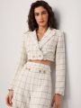 TSS Plaid Pattern Raw Trim Crop Tweed Blazer