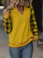 Women'S Plaid Patchwork Raglan Sleeve Sweatshirt With Notched Collar