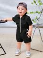 SHEIN Baby Boy Casual Zipper Front Short Sleeve Romper With Shorts