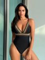 SHEIN Swim BohoFeel Women'S Web Paneled One-Piece Swimsuit