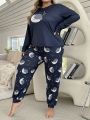 Women'S Plus Size Pajama Set With Moon & Star Printed Long Sleeve Top And Pants