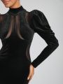 POSHFEM Mock Neck Gigot Sleeve Velvet Bodycon Dress