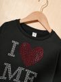 SHEIN Kids Y2Kool Tween Girl Rhinestone Heart & Letter Graphic Drop Shoulder Sweatshirt