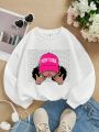 Girls' Casual Cartoon Lady & Letter Pattern Long Sleeve Fleece Sweatshirt, Suitable For Autumn & Winter