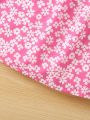 SHEIN Young Girl Ruffle Trim Top & Ditsy Floral Print Shirred Cami Dress