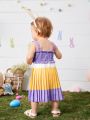 SHEIN Baby Girl'S Summer Vacation Shirred Color Block Sundress With Ruffle Straps