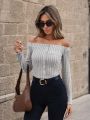 SHEIN Clasi Women'S Solid Color Ribbed Knit Off Shoulder T-Shirt