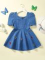 Young Girl Butterfly Embroidery Sweetheart Neck Puff Sleeve Denim Dress