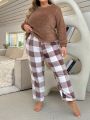 Plus Size Womens' Plush Top And Checked Pants Pajama Set