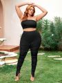 SHEIN SXY Plus Size High Waisted Long Foot Opening Split Stretchy Pleated Leggings Valentines Outfits Sexy Outfits Club