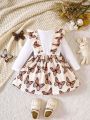 Baby Girl Butterfly Print Ruffle Trim Bow Front 2 In 1 Dress