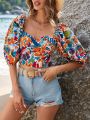 SHEIN VCAY Women's Vacation Floral Print Puff Sleeve Shirt