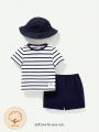 Cozy Cub Infant Boys' Striped Raglan Sleeve Pullover, Solid Shorts, And Hat 3-piece Set